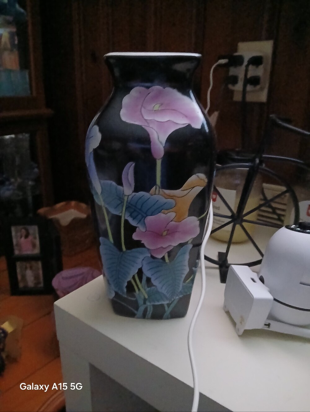 Hand-Painted Floral Black Ceramic Vase - Pink & Blue